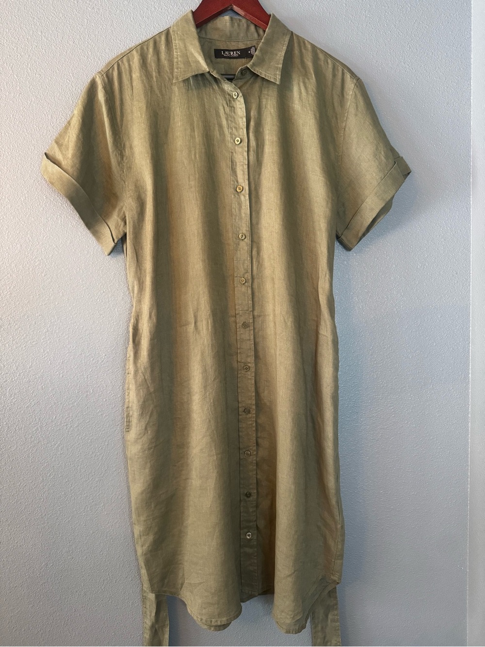 Ralph Lauren Olive Linen Tie-Waist Midi Shirt Dress - Picture 4 of 10